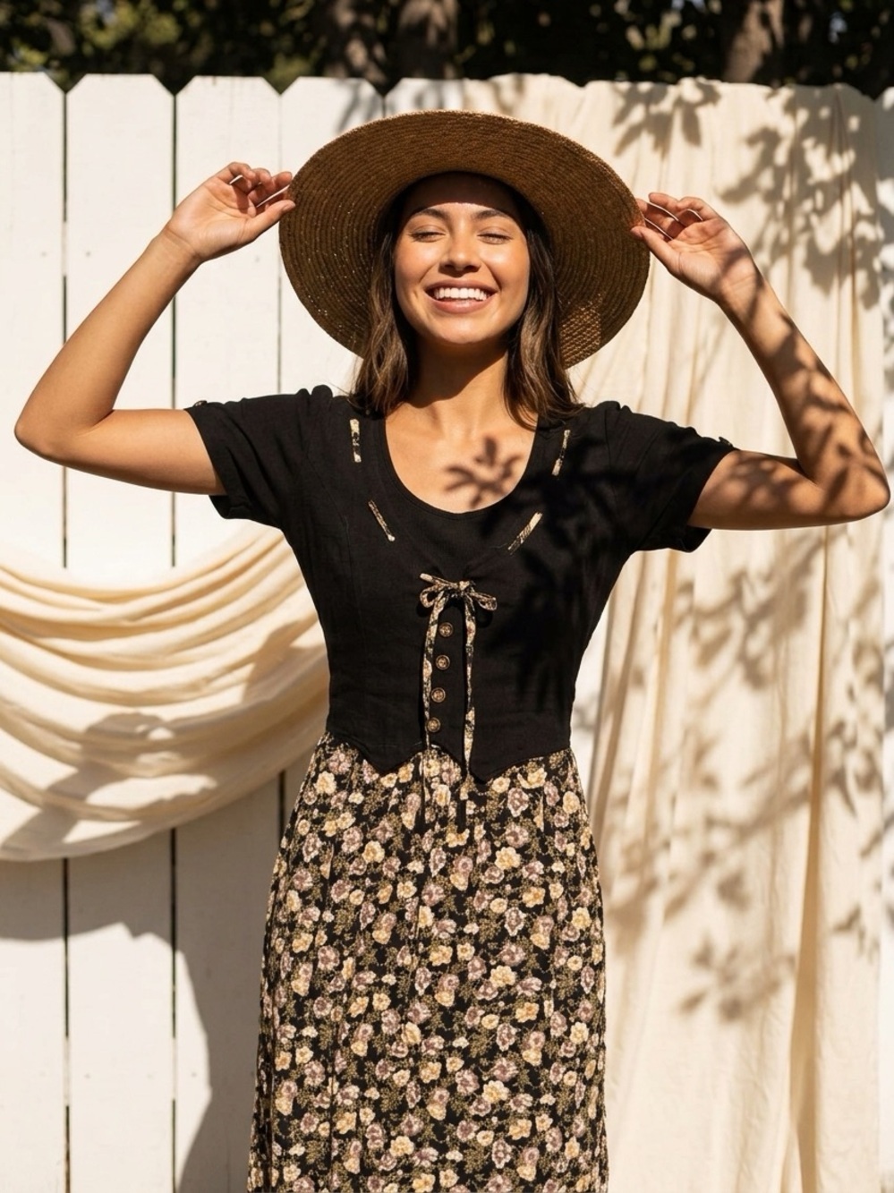 vintage C C Studio Petites black floral cottagecore grandmacore midi dress